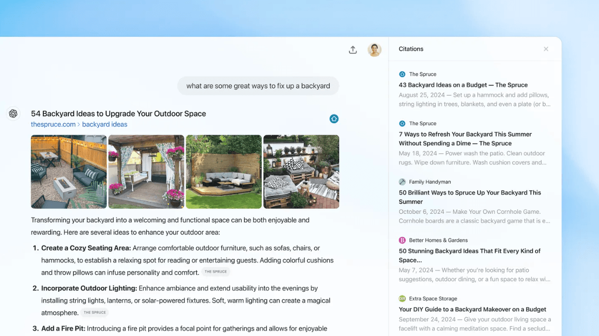 An image of an example of a search query within ChatGPT alongside a list of sources in the sidebar to the right